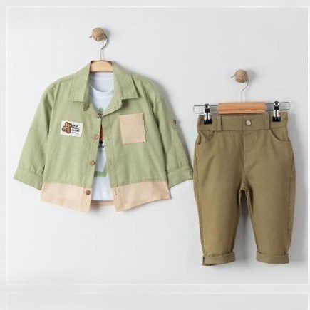 Cepli Gömlek , Pantolon , T-Shirt 3Parça Erkek Bebek Takım — YEŞİL