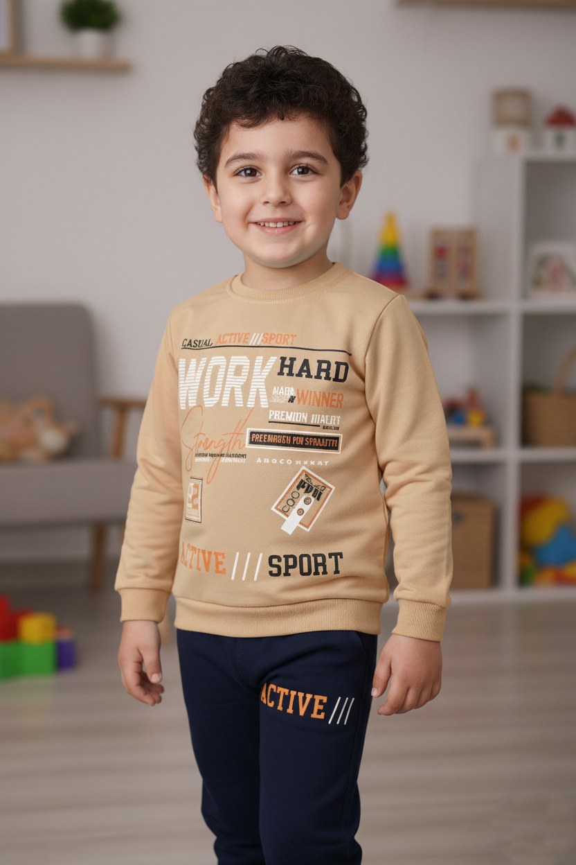 Work Baskılı Erkek Çocuk Eşofman — KAHVERENGİ