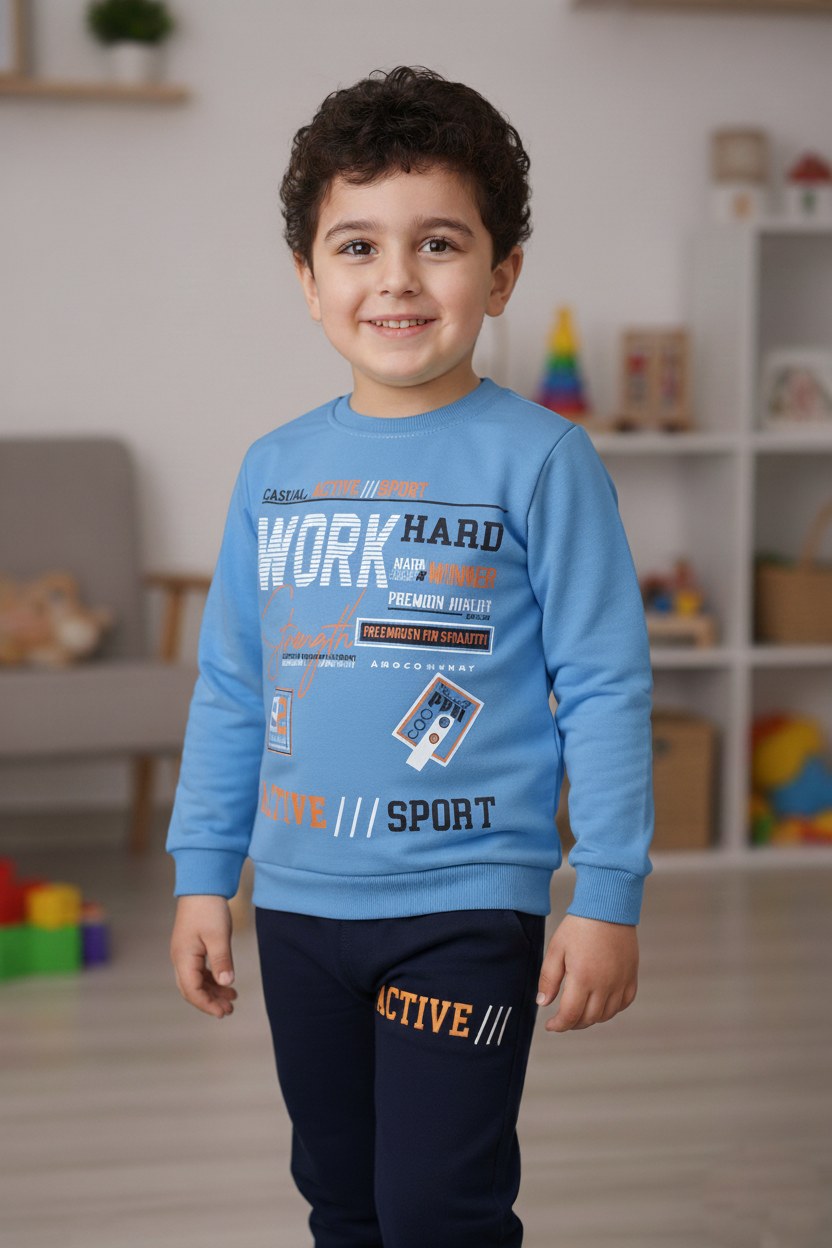 Work Baskılı Erkek Çocuk Eşofman — SAKS MAVİ