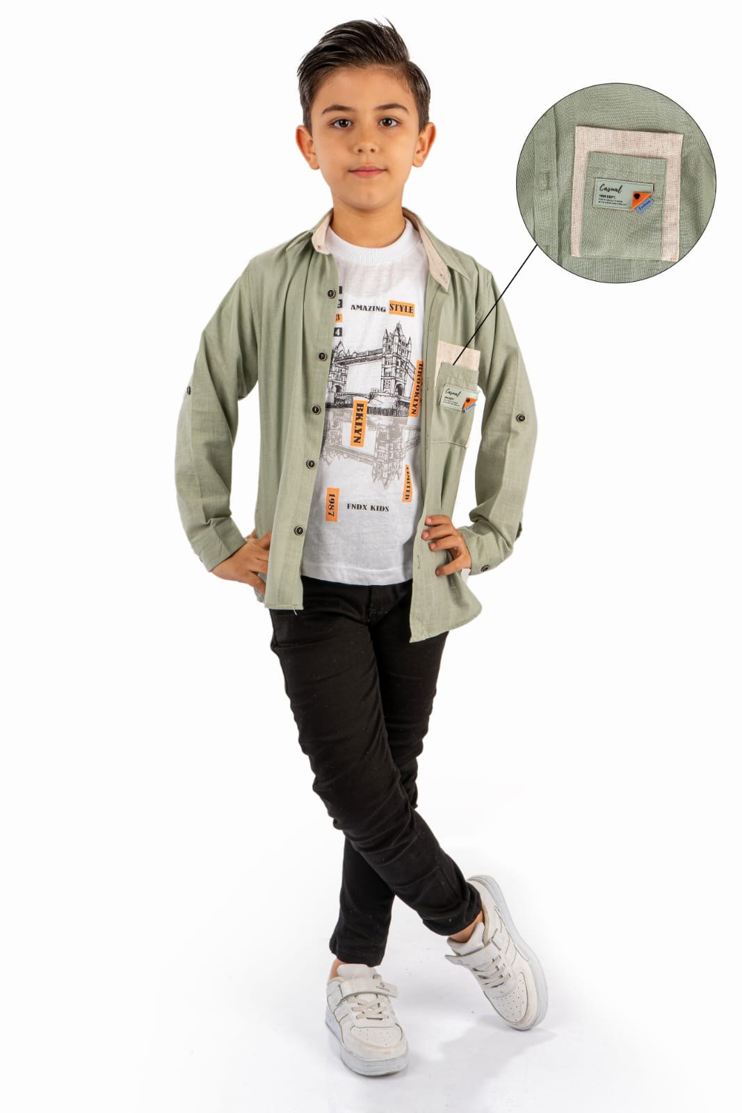 Çift Cepli Gömlek , Pantolon , T-Shirt 3Parça Pamuklu Erkek Çocuk Takım — HAKİ