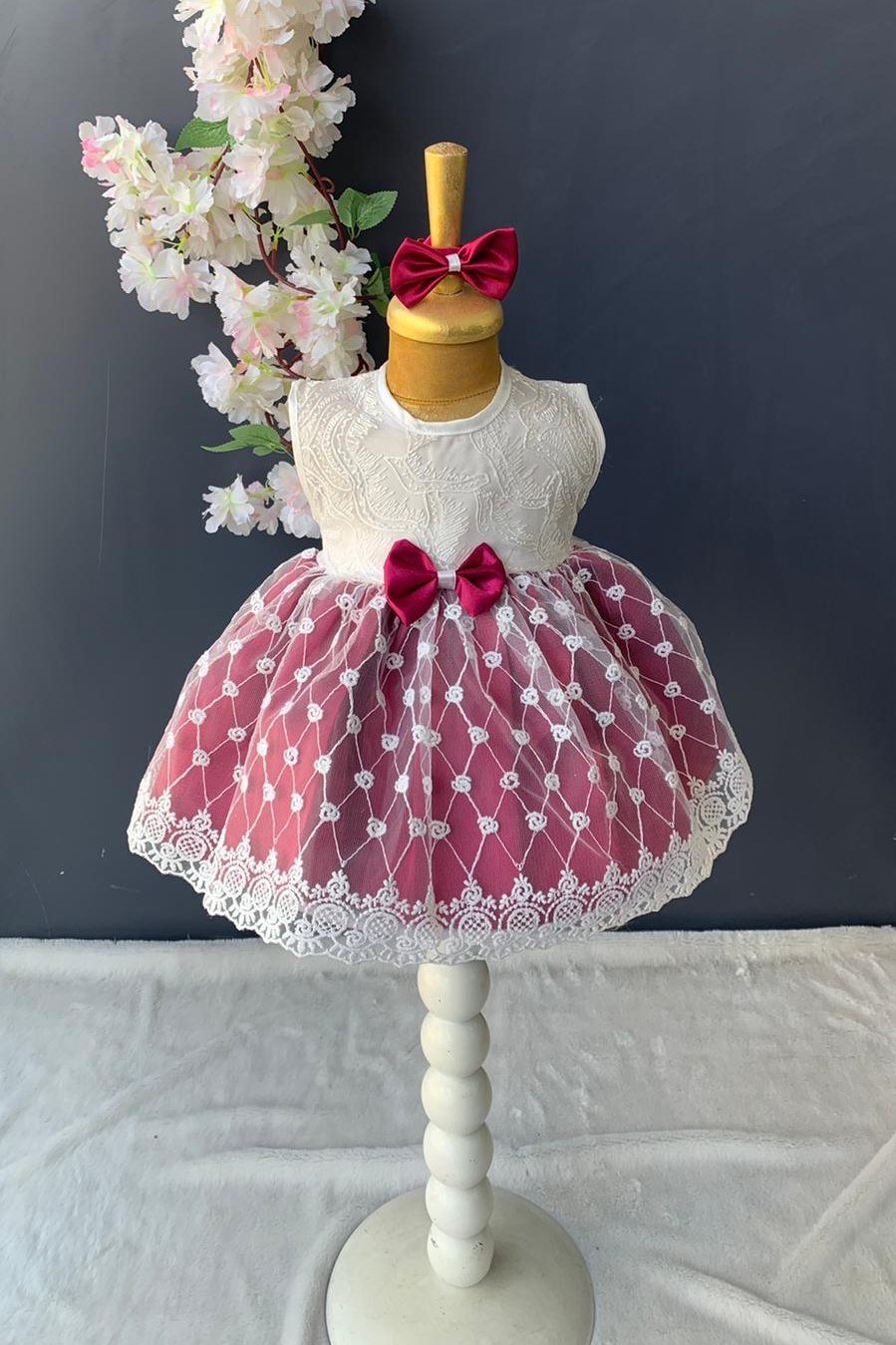 Saç Bantlı Dantelli Bebek Elbise PNPN136 — BORDO