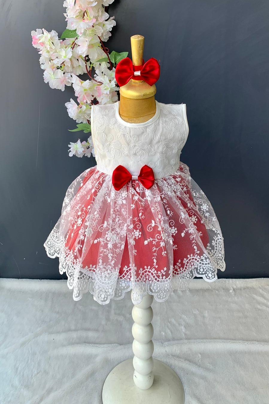 Saç Bantlı Dantelli Bebek Elbise PNPN136 — KIRMIZI