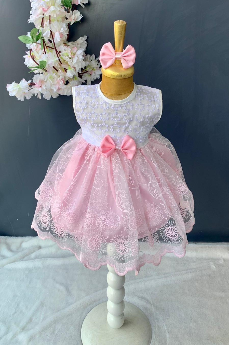 Saç Bantlı Dantelli Bebek Elbise PNPN136 — PEMBE