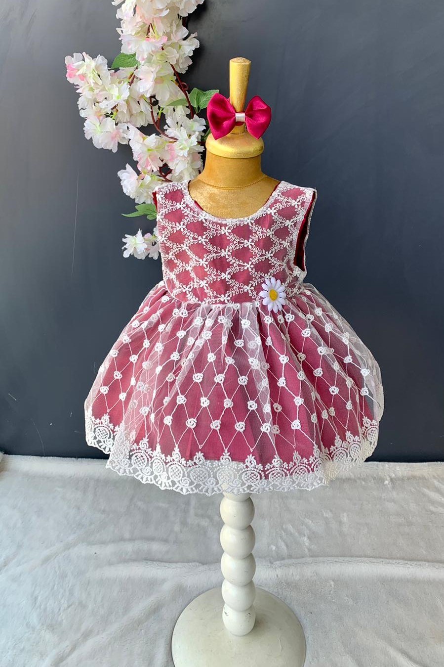 Saç Bantlı Papatyalı Dantelli Bebek Elbise PNPN146 — KIRMIZI