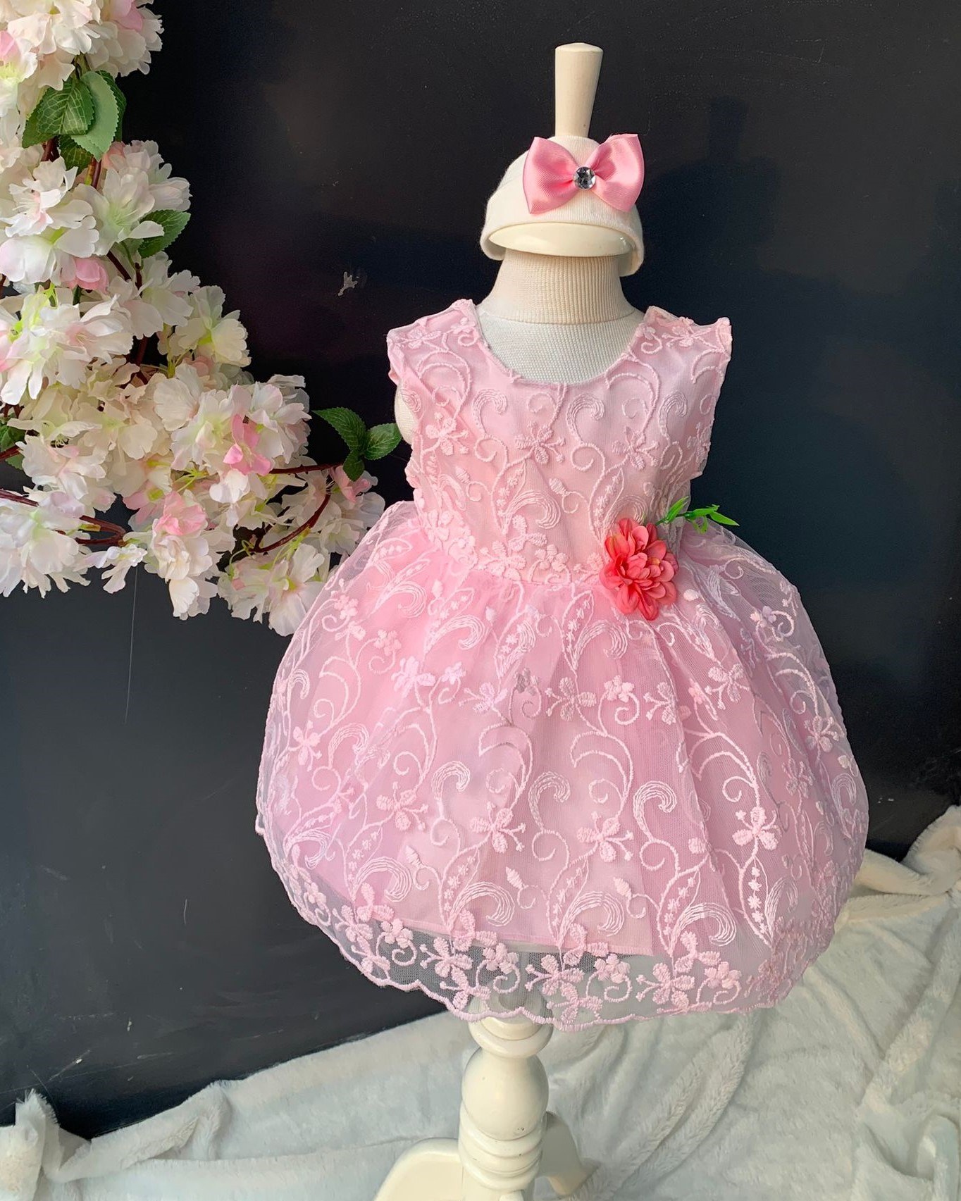 Saç Bantlı Papatyalı Dantelli Bebek Elbise PNPN146 — PEMBE