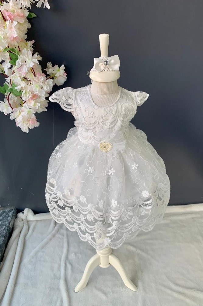 İnci Taşlı Dantelli Kız Bebek Elbise PNPN153 — BEYAZ
