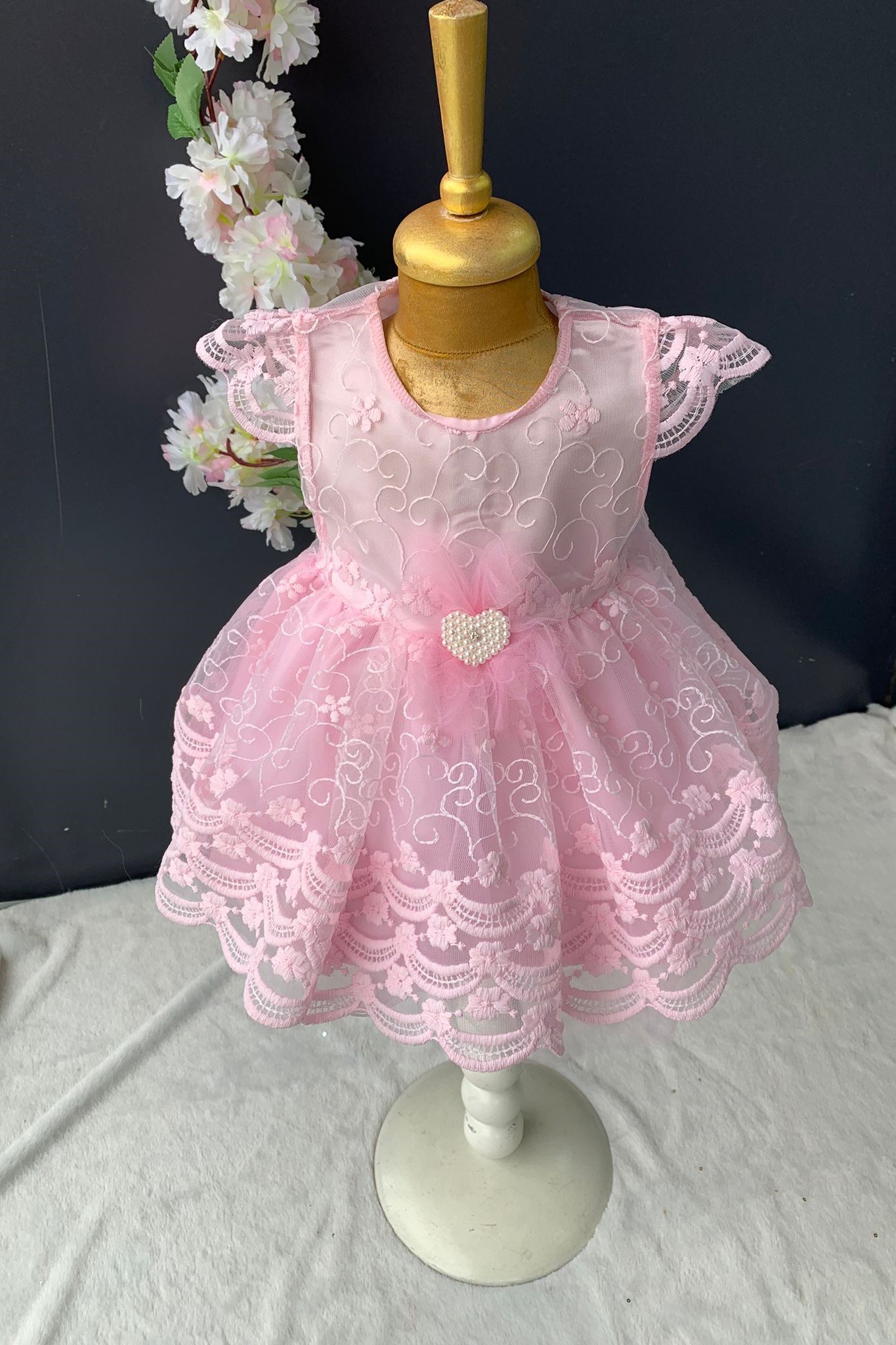 İnci Taşlı Dantelli Kız Bebek Elbise PNPN153 — PEMBE