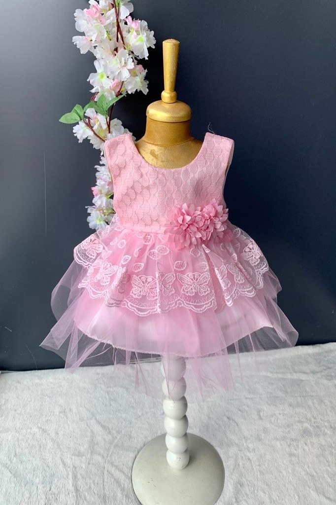 Kat Dantelli Gül Motif Kız Bebek Elbise PNPN159 — PEMBE