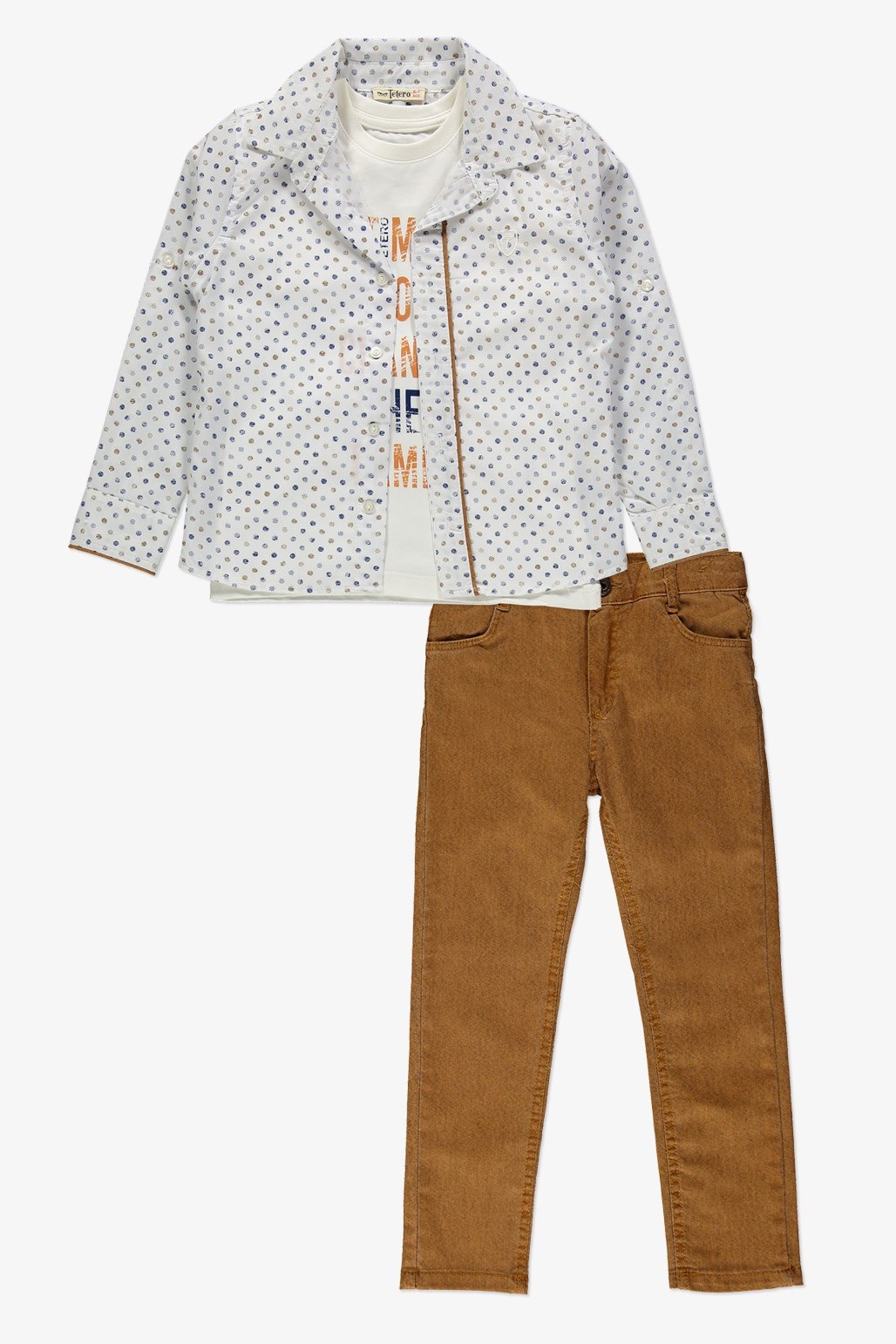 Gömlek ,Pantolon ,T-Shirt Daire Desen 3Parça Erkek Çocuk Takım TTR-01YVRLK — AÇIK KAHVERENGİ